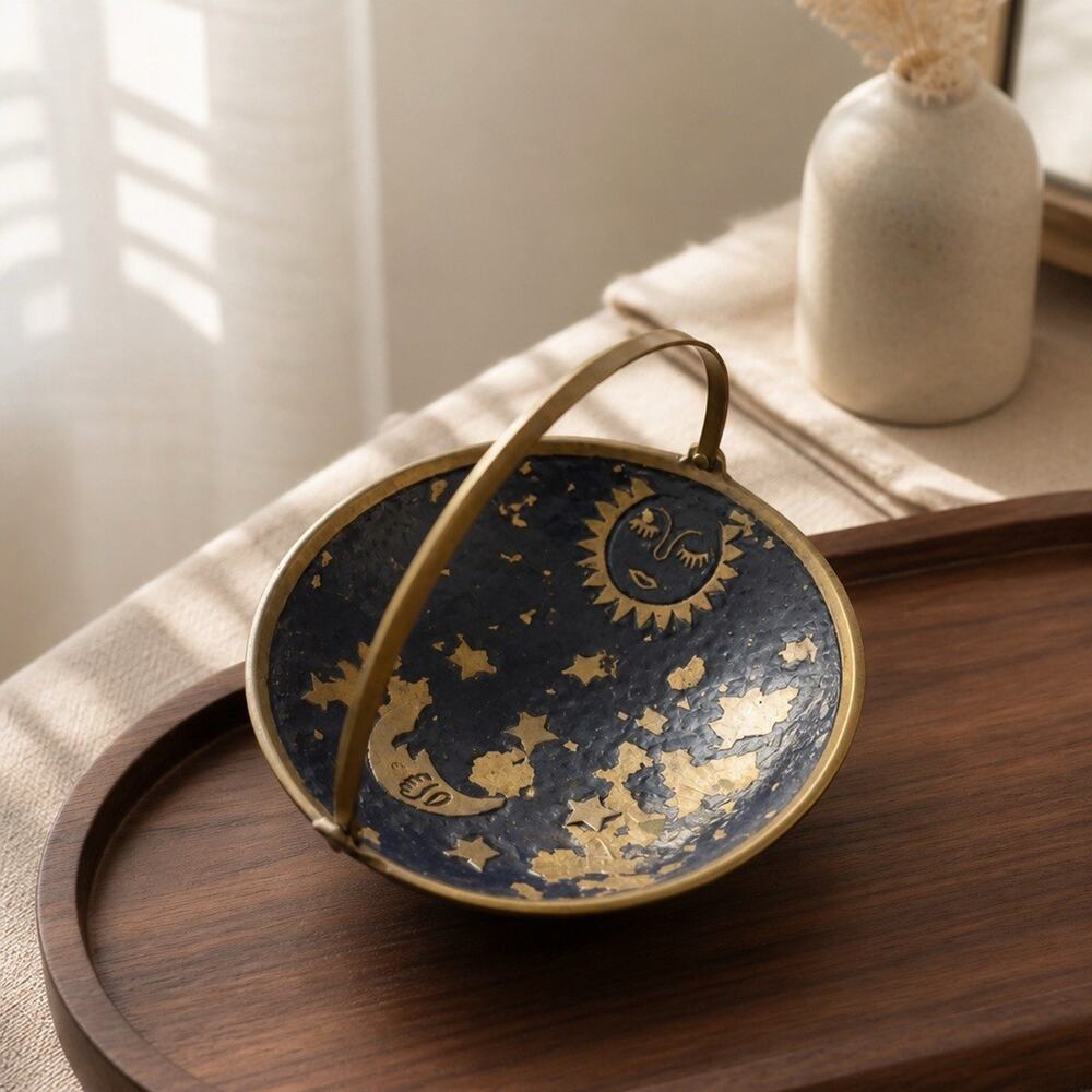 Vintage Celestial-Themed Trinket Basket Made of Enameled Brass READ